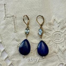 Antique Solid Silver Earrings with Lapis, Blue Topaz, and Fine Pearl