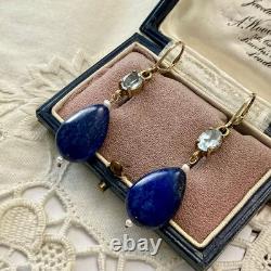 Antique Solid Silver Earrings with Lapis, Blue Topaz, and Fine Pearl