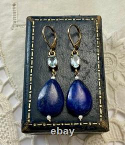 Antique Solid Silver Earrings with Lapis, Blue Topaz, and Fine Pearl
