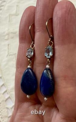 Antique Solid Silver Earrings with Lapis, Blue Topaz, and Fine Pearl