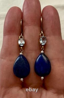Antique Solid Silver Earrings with Lapis, Blue Topaz, and Fine Pearl