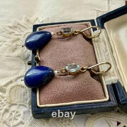 Antique Solid Silver Earrings with Lapis, Blue Topaz, and Fine Pearl
