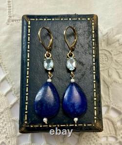 Antique Solid Silver Earrings with Lapis, Blue Topaz, and Fine Pearl