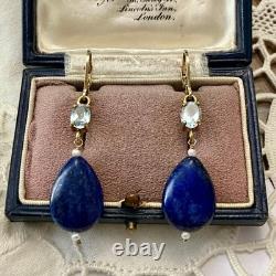 Antique Solid Silver Earrings with Lapis, Blue Topaz, and Fine Pearl