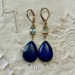 Antique Solid Silver Earrings with Lapis, Blue Topaz, and Fine Pearl
