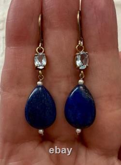 Antique Solid Silver Earrings with Lapis, Blue Topaz, and Fine Pearl