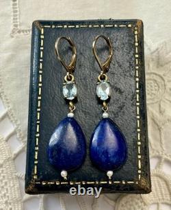 Antique Solid Silver Earrings with Lapis, Blue Topaz, and Fine Pearl