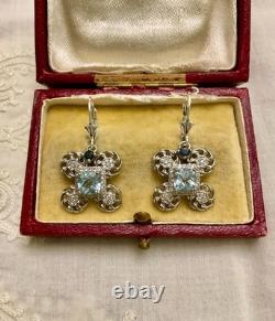 Antique Solid Silver Earrings with Sublime Blue Topaz and Sapphire