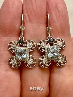 Antique Solid Silver Earrings with Sublime Blue Topaz and Sapphire