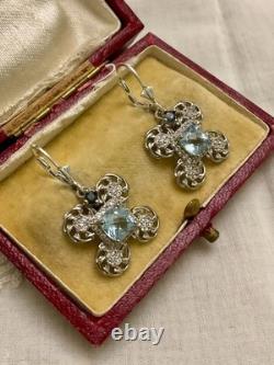Antique Solid Silver Earrings with Sublime Blue Topaz and Sapphire
