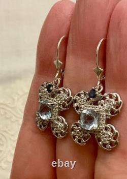 Antique Solid Silver Earrings with Sublime Blue Topaz and Sapphire
