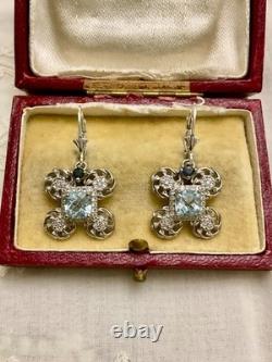 Antique Solid Silver Earrings with Sublime Blue Topaz and Sapphire