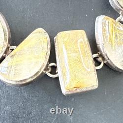 Antique Solid Silver Gourmette Bracelet with Rutile Quartz Cabochon Links