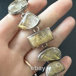 Antique Solid Silver Gourmette Bracelet with Rutile Quartz Cabochon Links