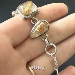 Antique Solid Silver Gourmette Bracelet with Rutile Quartz Cabochon Links