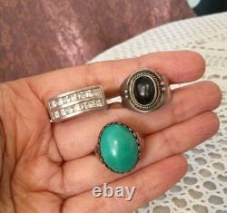 Antique Solid Silver Lot of Large Vintage Rings 58-59 Stone Signet Rings