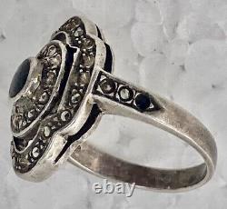 Antique Solid Silver Marquise Ring with Onyx and Marcasite, Jewelry