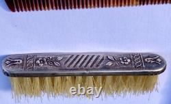 Antique Solid Silver Mustache Comb and Brush Travel Set Leather Case