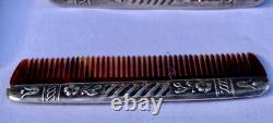 Antique Solid Silver Mustache Comb and Brush Travel Set Leather Case