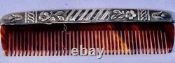Antique Solid Silver Mustache Comb and Brush Travel Set Leather Case