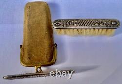 Antique Solid Silver Mustache Comb and Brush Travel Set Leather Case