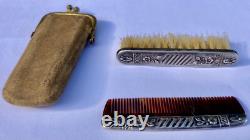 Antique Solid Silver Mustache Comb and Brush Travel Set Leather Case