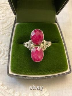 Antique Solid Silver Openwork Ring with 2 Genuine Ruby Stones Unique