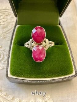 Antique Solid Silver Openwork Ring with 2 Genuine Ruby Stones Unique