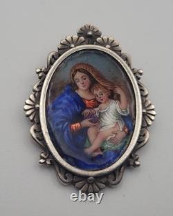 Antique Solid Silver Painted Enamel Madonna and Child Medal Pendant #H4