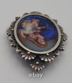Antique Solid Silver Painted Enamel Madonna and Child Medal Pendant #H4