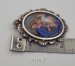 Antique Solid Silver Painted Enamel Madonna and Child Medal Pendant #H4