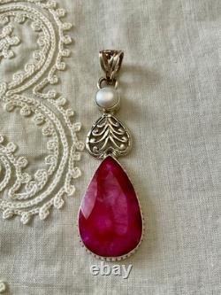 Antique Solid Silver Pendant Huge Ruby Pearl Art Deco