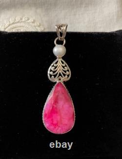 Antique Solid Silver Pendant Huge Ruby Pearl Art Deco