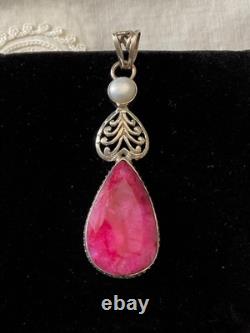 Antique Solid Silver Pendant Huge Ruby Pearl Art Deco
