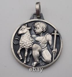 Antique Solid Silver Pendant Medal - Saint John the Baptist and the Lamb #F2