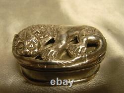 Antique Solid Silver Pill Box with Lion Animal Sculpture