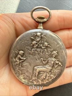 Antique Solid Silver Pocket Watch Wind-Up for Parts Art Nouveau