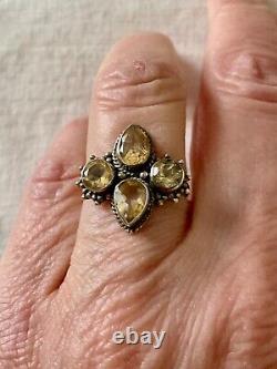Antique Solid Silver Ring Crafted with 4 Genuine Citrines Size 56