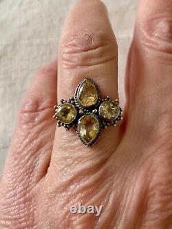 Antique Solid Silver Ring Crafted with 4 Genuine Citrines Size 56
