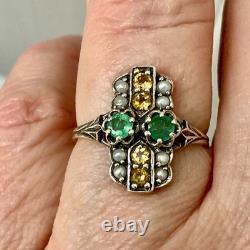 Antique Solid Silver Ring, Emerald, Citrine, and Fine Pearls Antique Solid Silver Ring, Emerald, Citrine, and Fine Pearls