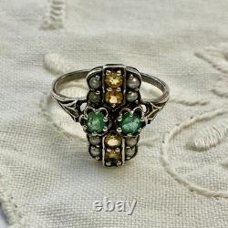 Antique Solid Silver Ring, Emerald, Citrine, and Fine Pearls