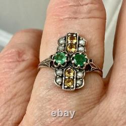 Antique Solid Silver Ring, Emerald, Citrine, and Fine Pearls Antique Solid Silver Ring, Emerald, Citrine, and Fine Pearls