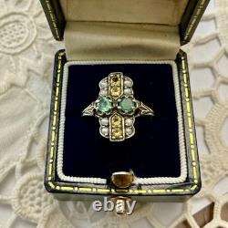 Antique Solid Silver Ring, Emerald, Citrine, and Fine Pearls