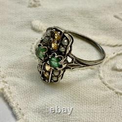 Antique Solid Silver Ring, Emerald, Citrine, and Fine Pearls