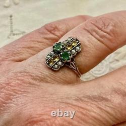 Antique Solid Silver Ring, Emerald, Citrine, and Fine Pearls