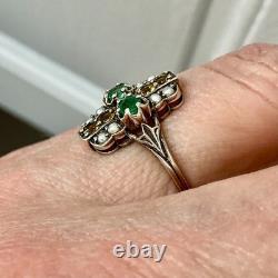 Antique Solid Silver Ring, Emerald, Citrine, and Fine Pearls