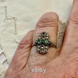 Antique Solid Silver Ring, Emerald, Citrine, and Fine Pearls