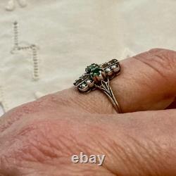 Antique Solid Silver Ring, Emerald, Citrine, and Fine Pearls