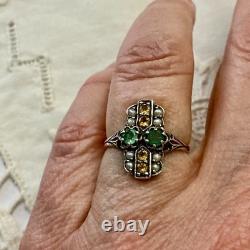 Antique Solid Silver Ring, Emerald, Citrine, and Fine Pearls