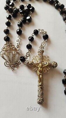 Antique Solid Silver Rosary with Jet Beads